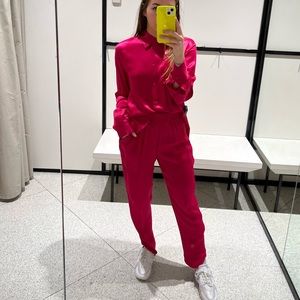 Bright Pink Zara matching satin jogger set